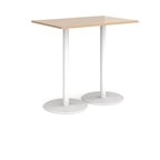 Rectangular table with wood-effect top and white base on a white background