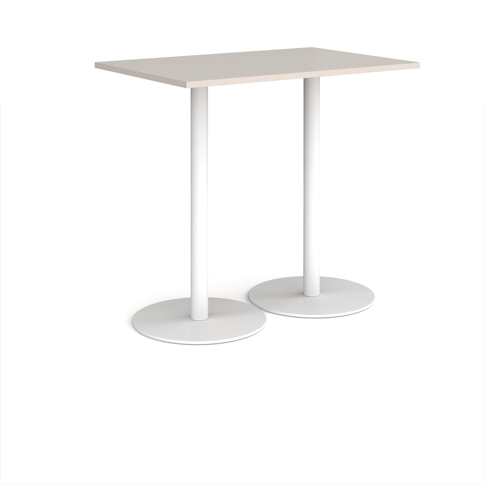 Rectangular table with light grey top and white base on a white background