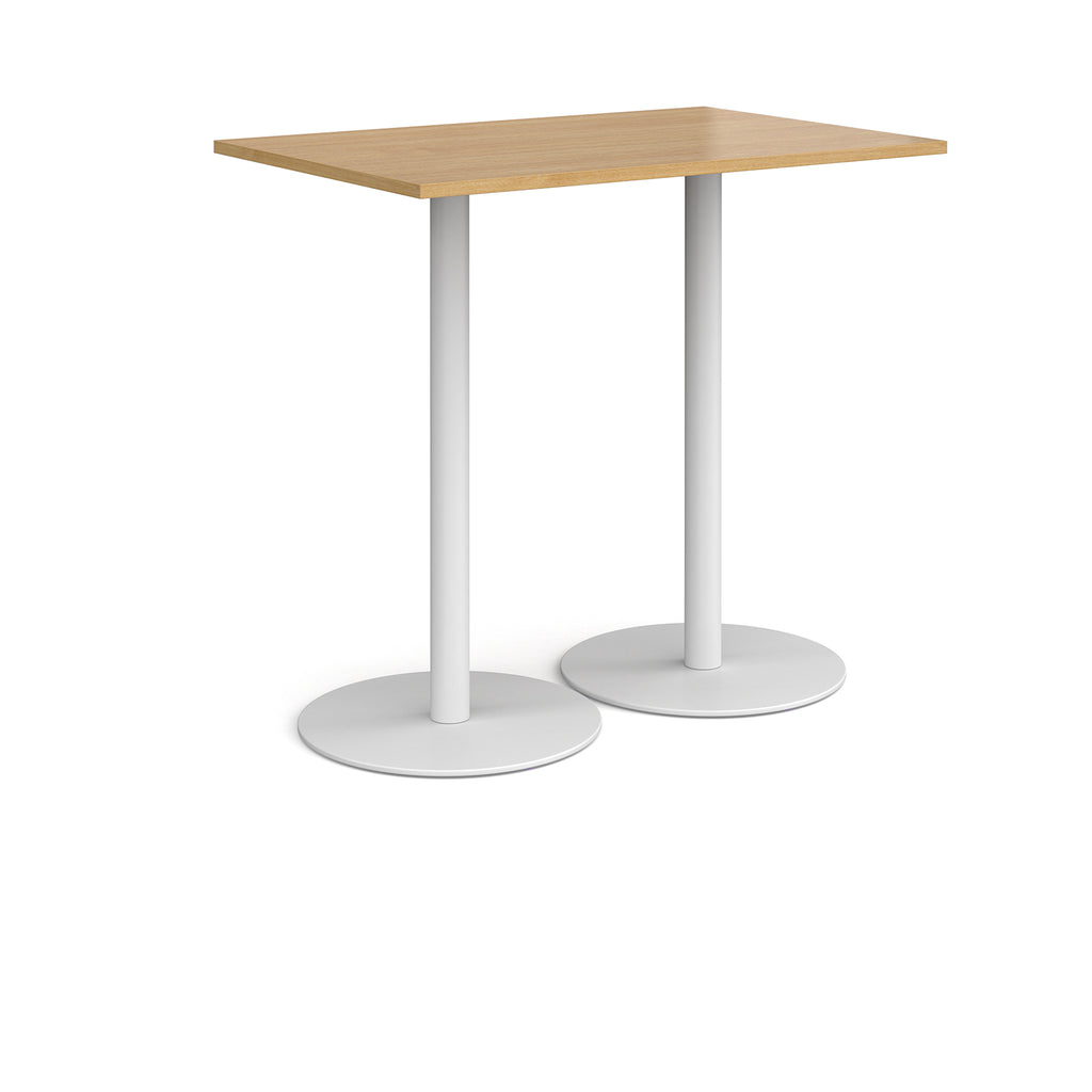 Rectangular table with wood-effect top and white base on a white background