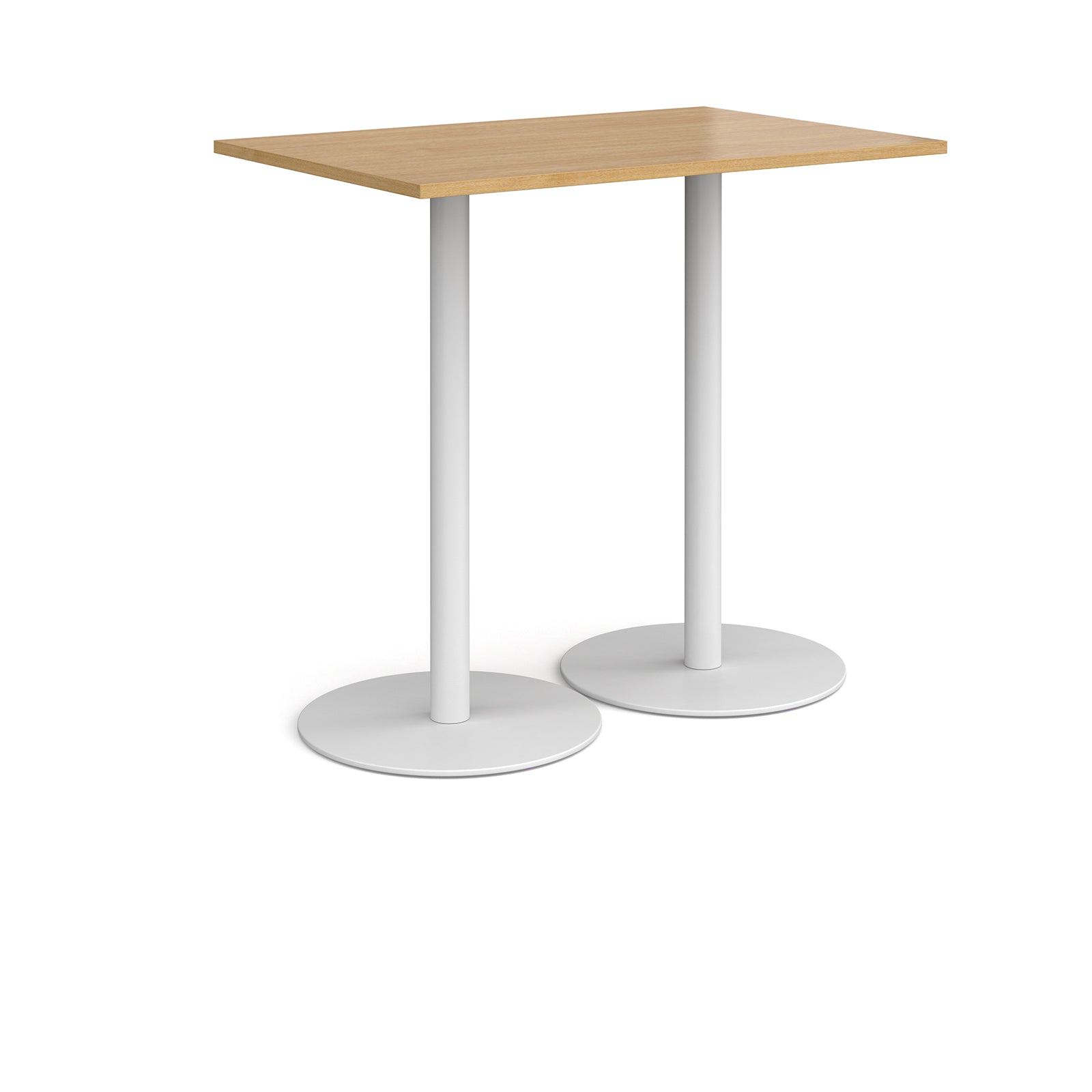 Rectangular table with wood-effect top and white base on a white background