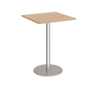 Square table with wood-effect top and metal base on a white background