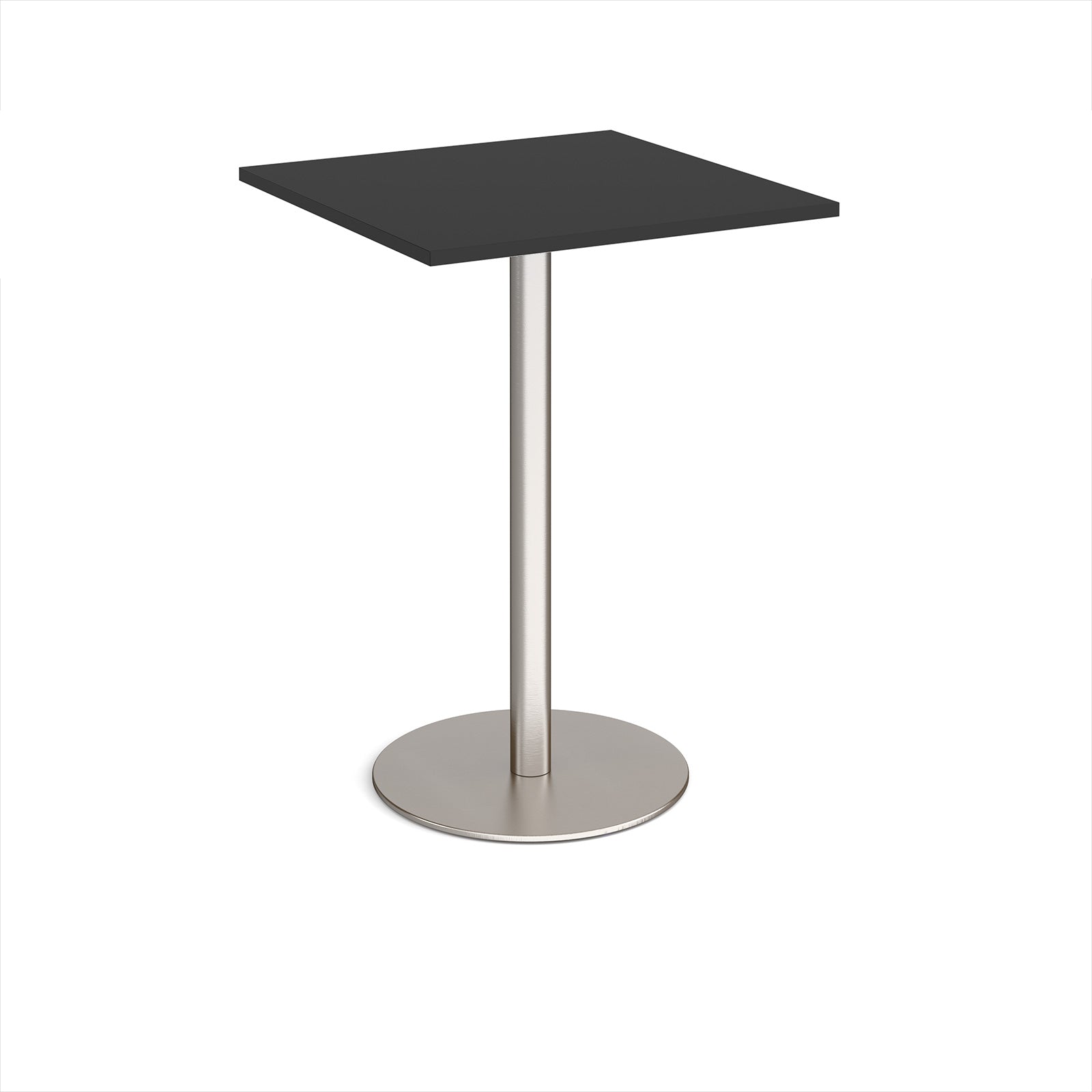 Black square table with metal base on a white background