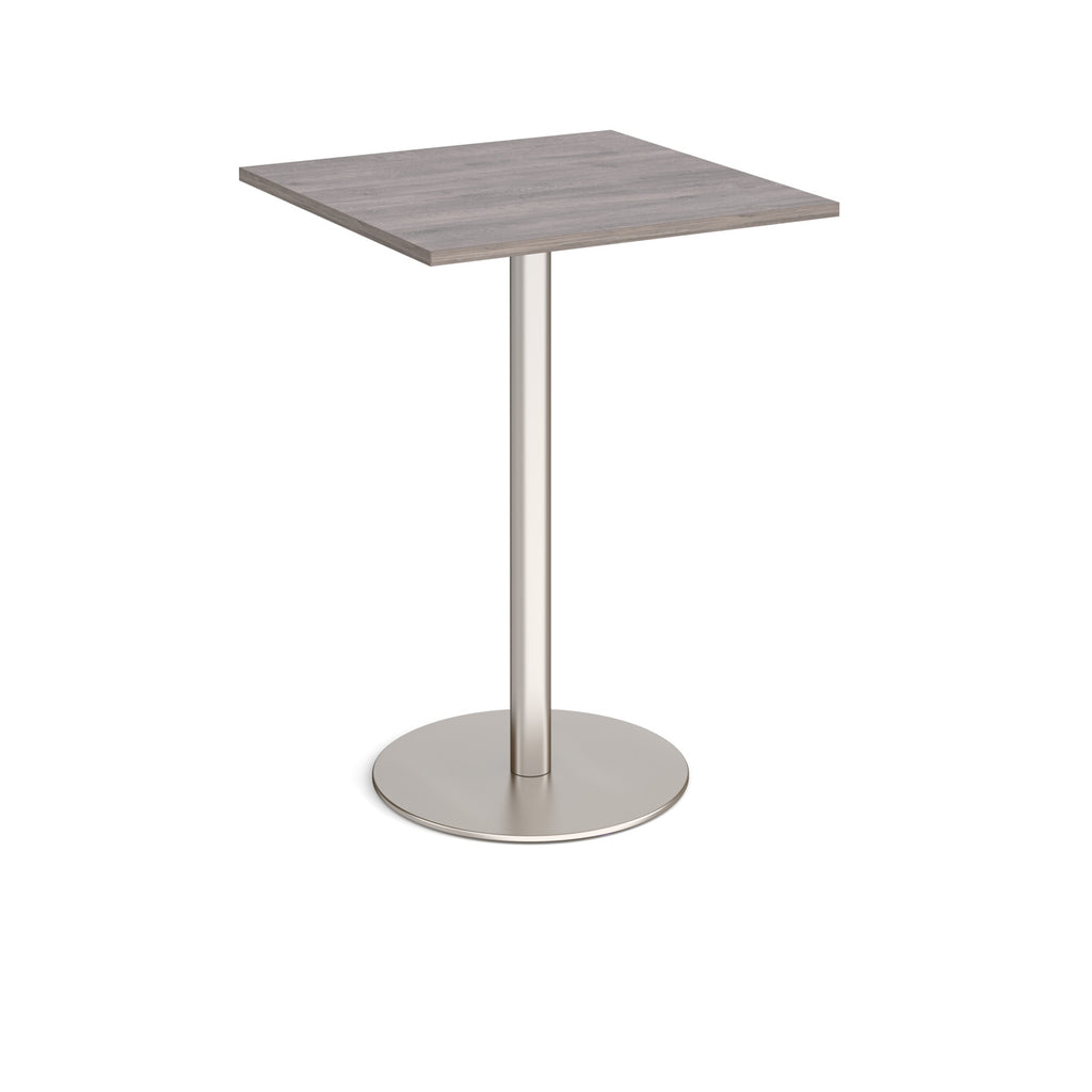 Square table with a grey wood-effect top and metal base on a white background