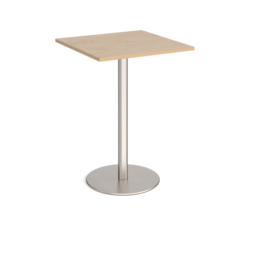 Square table with wood-effect top and metal base on a white background