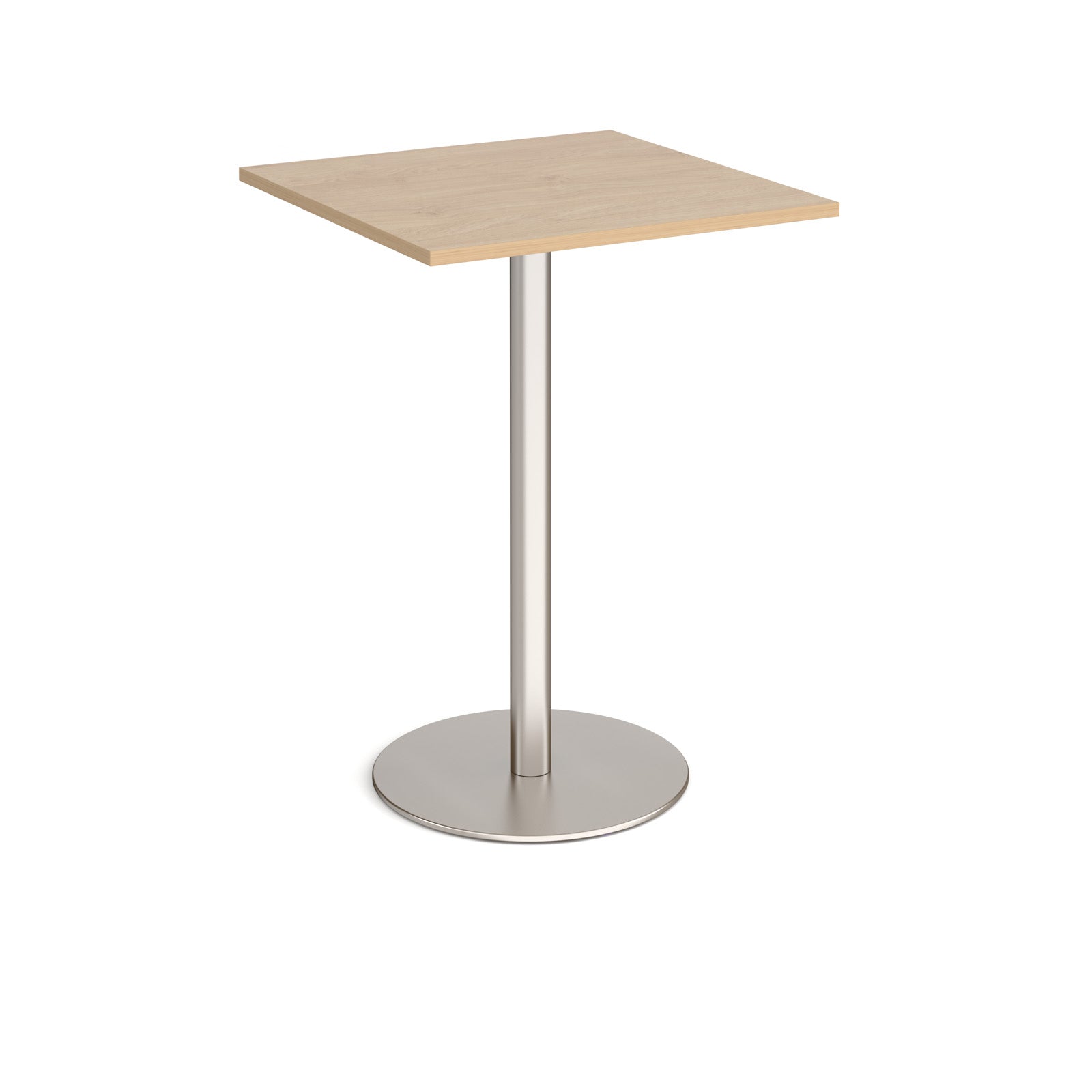 Square table with wood-effect top and metal base on a white background