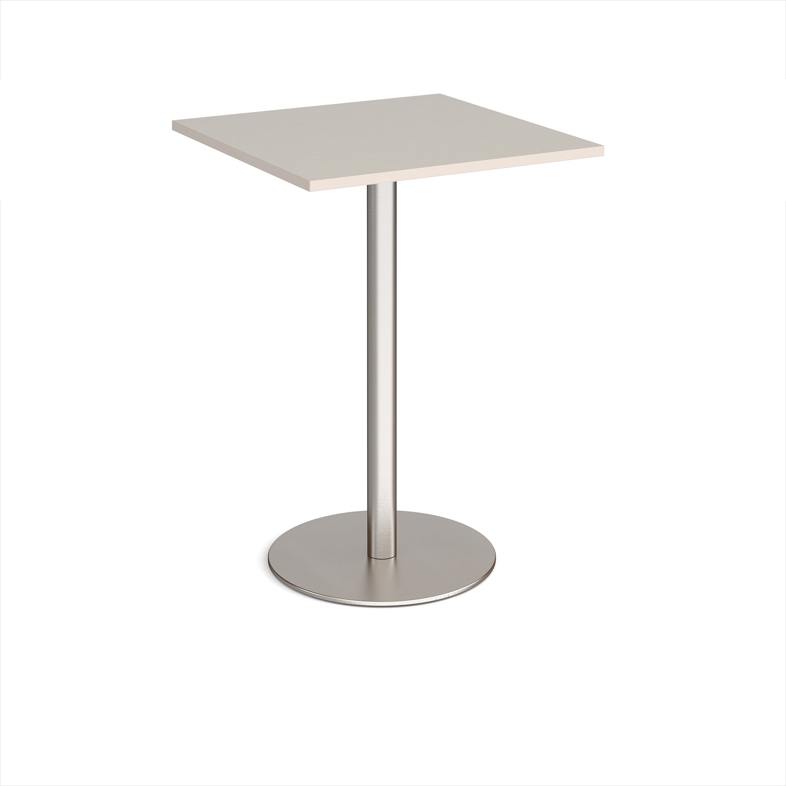 Square table with a light grey top and silver base on a white background