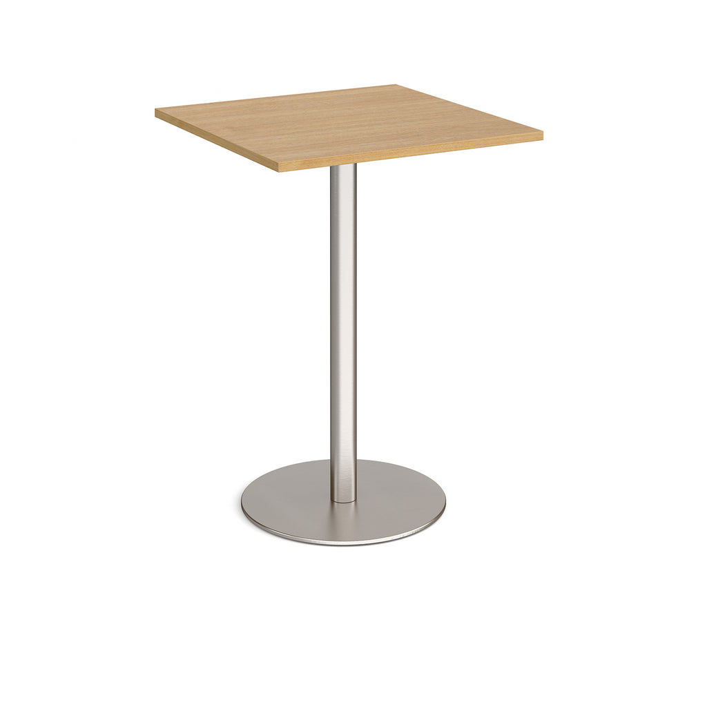 Square table with wood-effect top and metal base on a white background