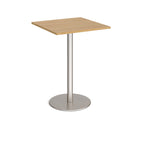 Square table with wood-effect top and metal base on a white background