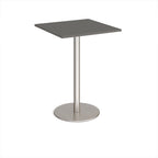 Square table with a dark grey top and silver base on a white background