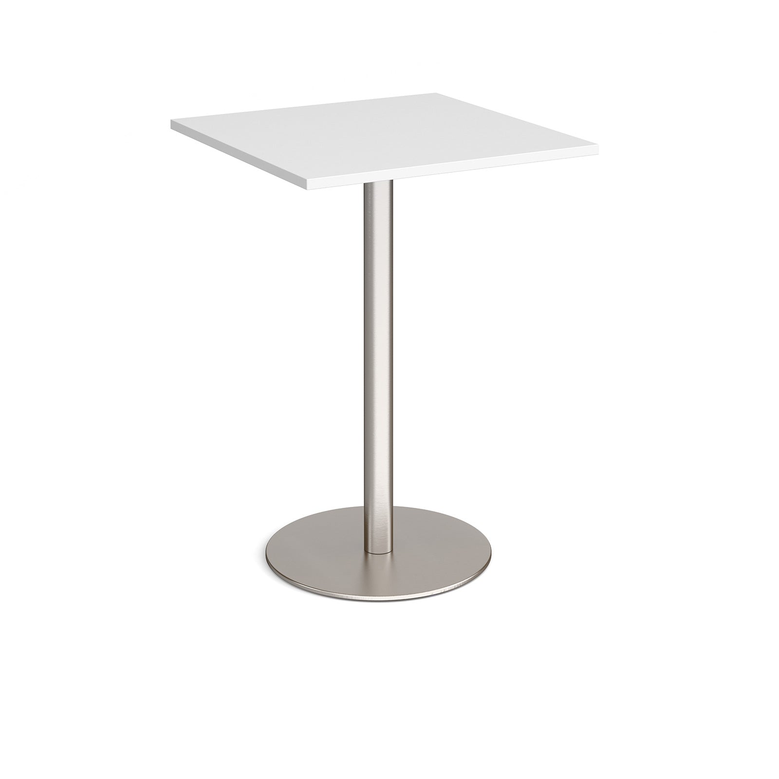 Square white table with a metal base on a white background