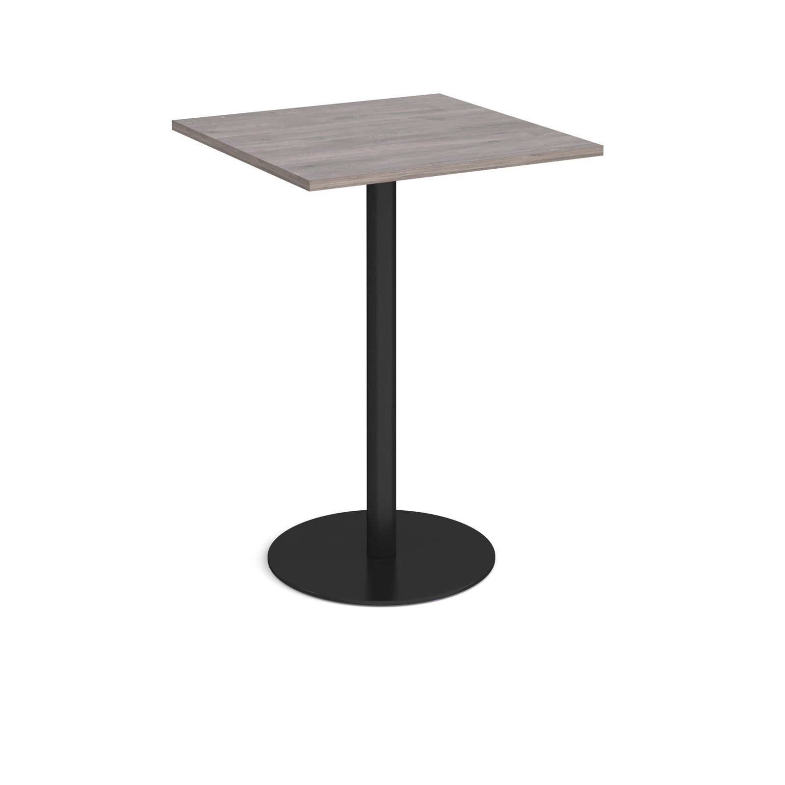 Square table with a grey wood-effect top and black base on a white background
