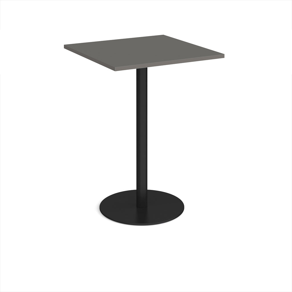 Square table with a dark grey top and black base on a white background