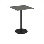 Square table with a dark grey top and black base on a white background