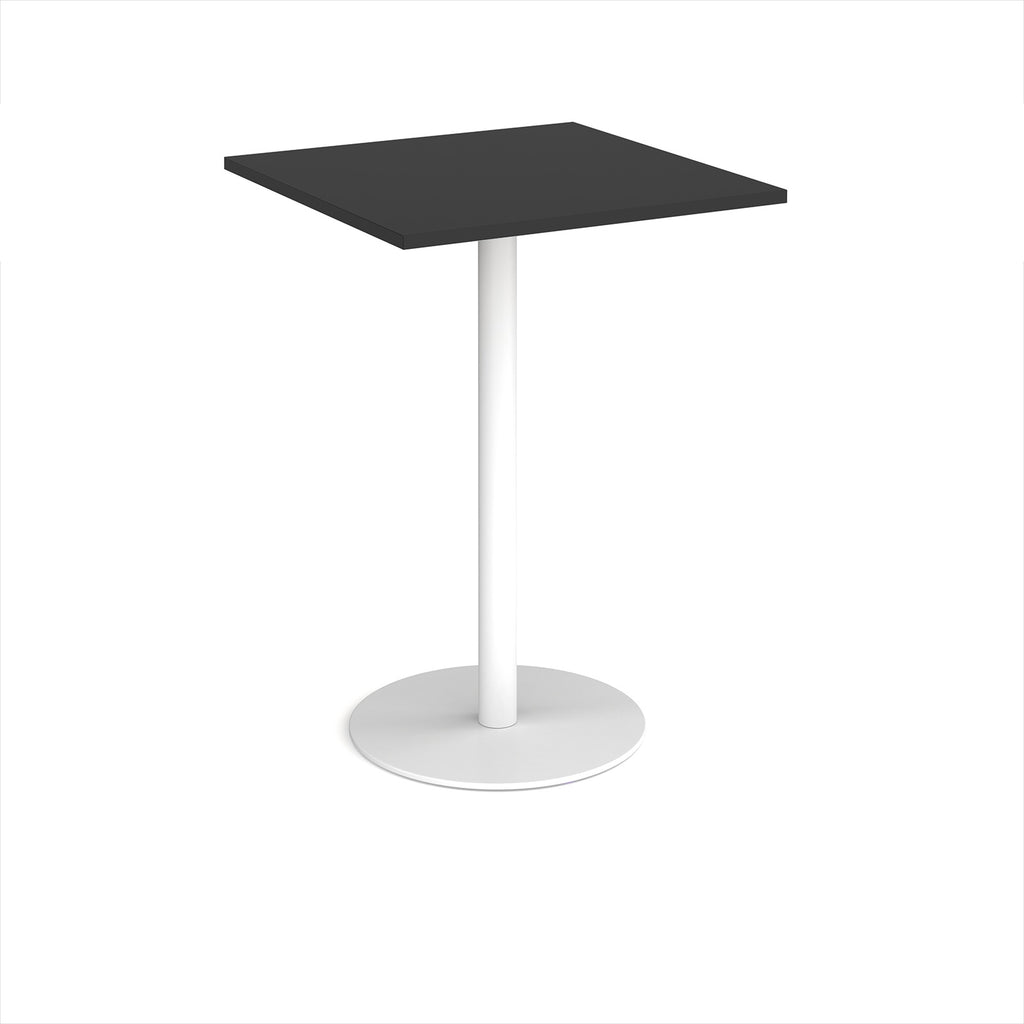 Black square table with white pedestal base on a white background