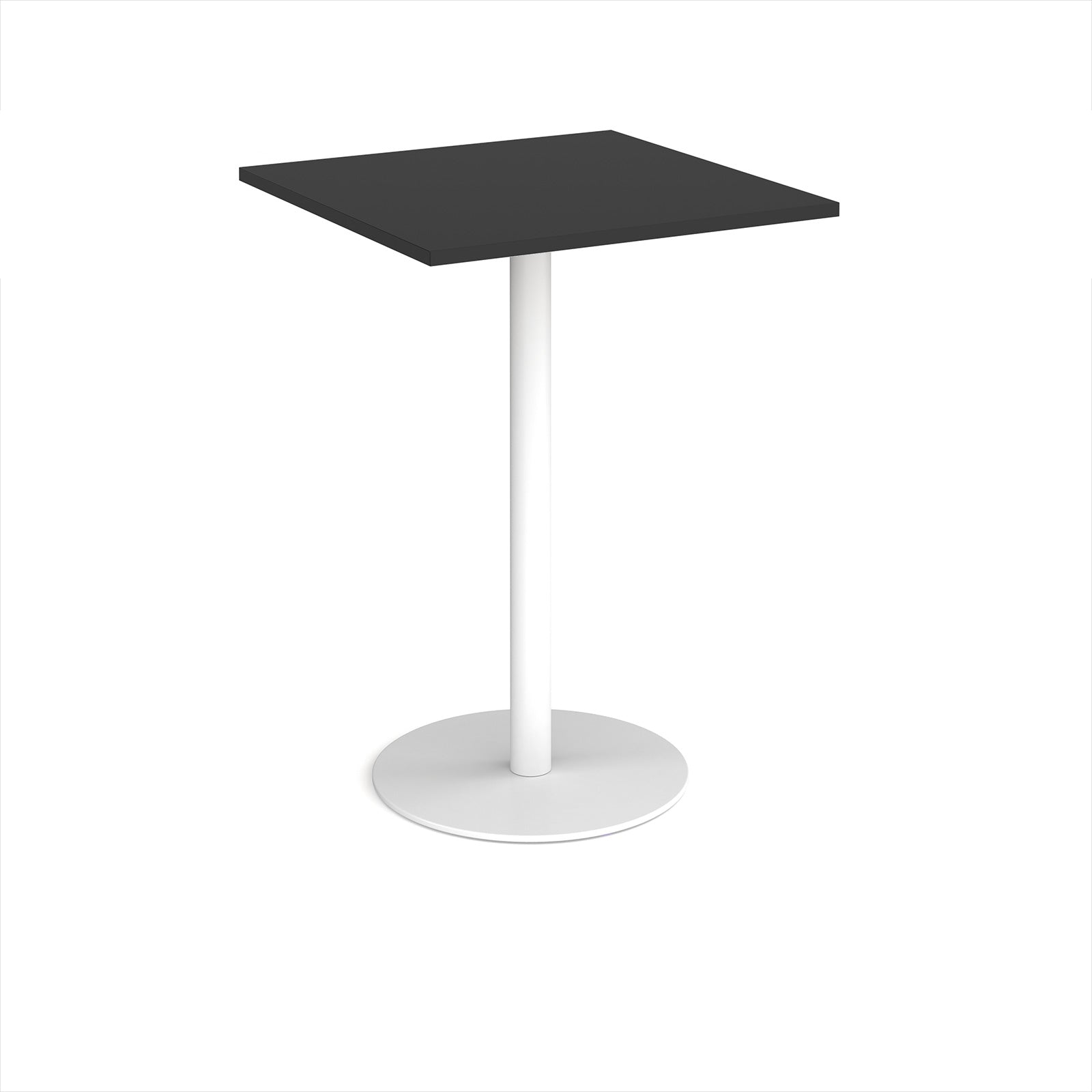 Black square table with white pedestal base on a white background