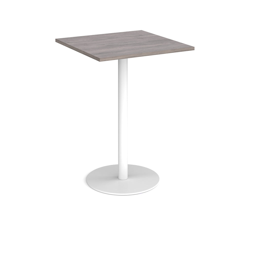 Square table with a grey wood-effect top and white base on a white background