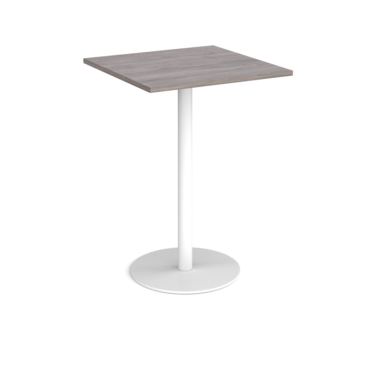 Square table with a grey wood-effect top and white base on a white background