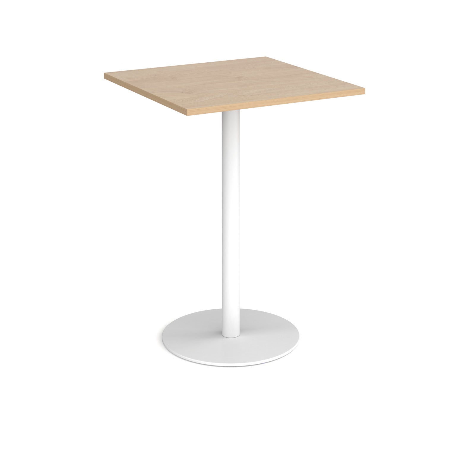 Square table with a wood-effect top and white cylindrical base on a white background