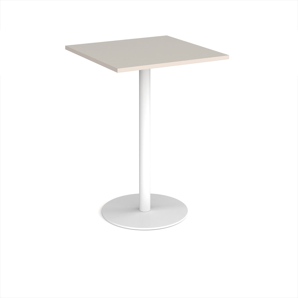 Square table with a light grey top and white base on a white background