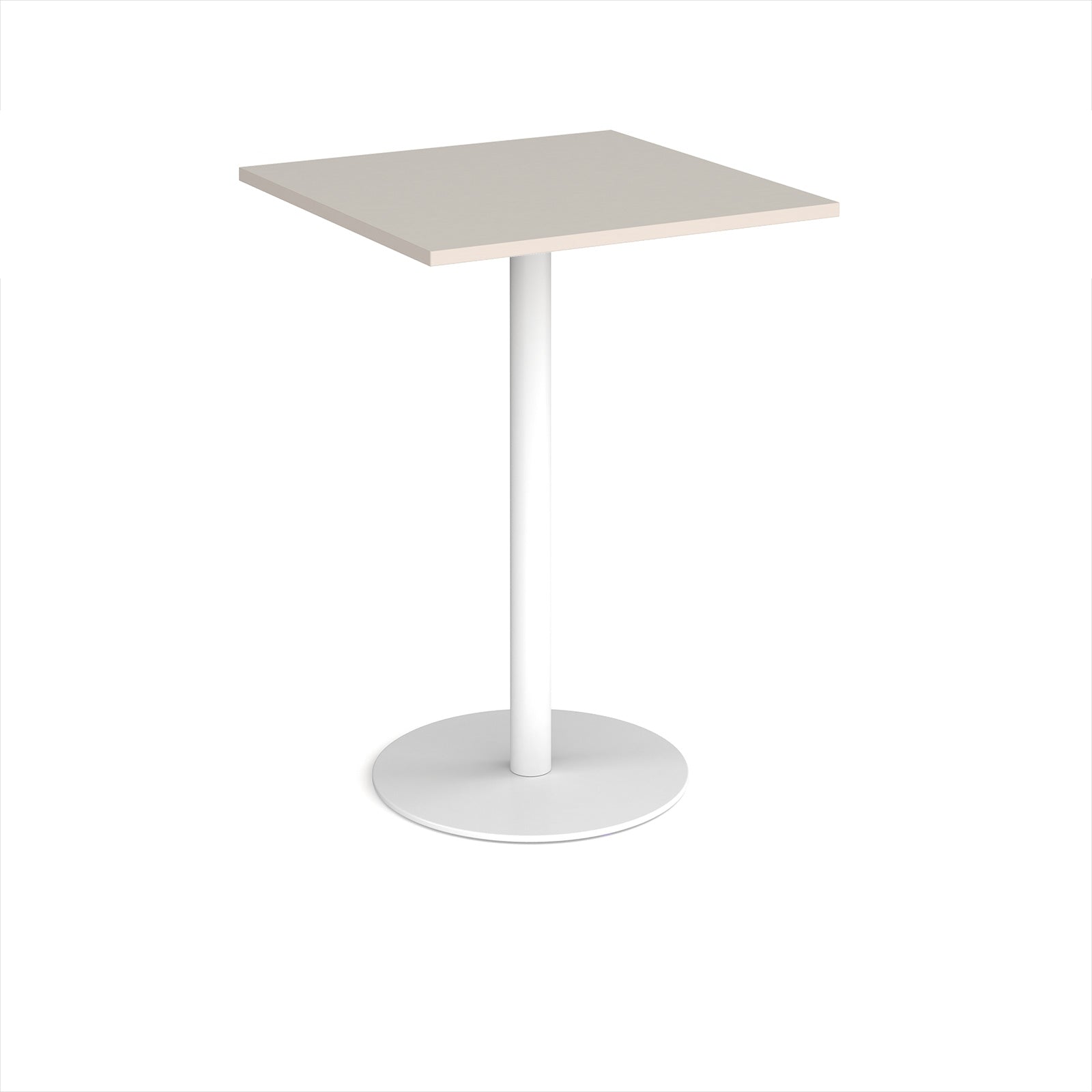Square table with a light grey top and white base on a white background