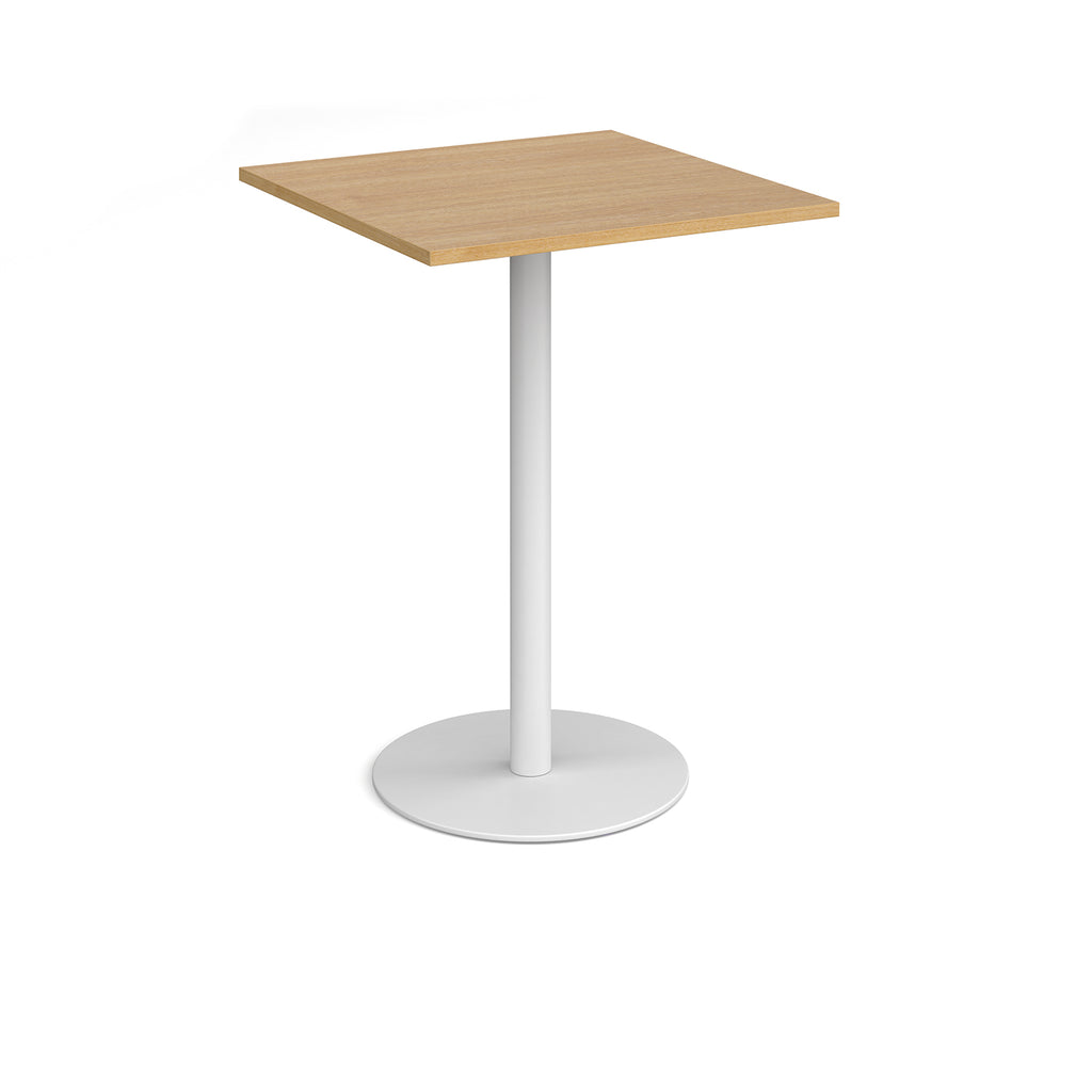 Square table with a wood-effect top and white cylindrical base on a white background