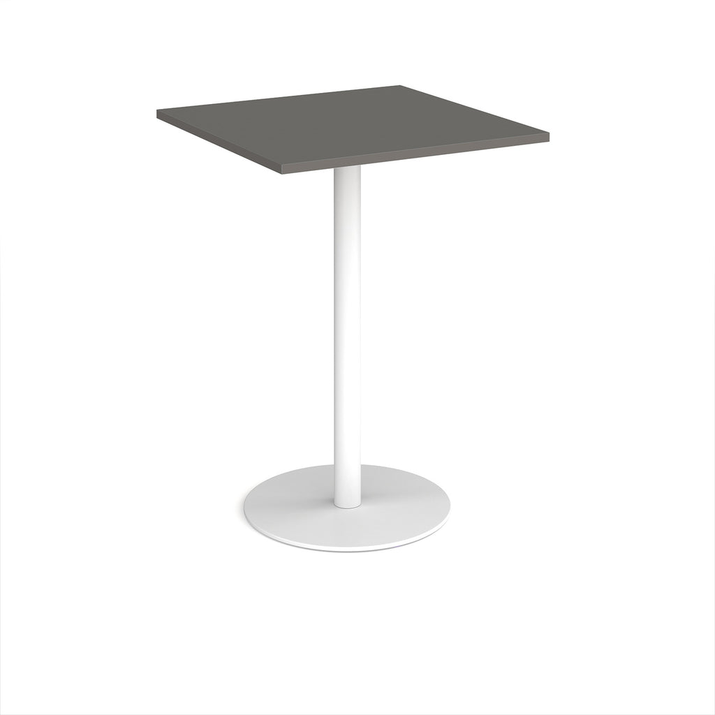 Square table with a dark grey top and white base on a white background
