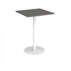 Square table with a dark grey top and white base on a white background
