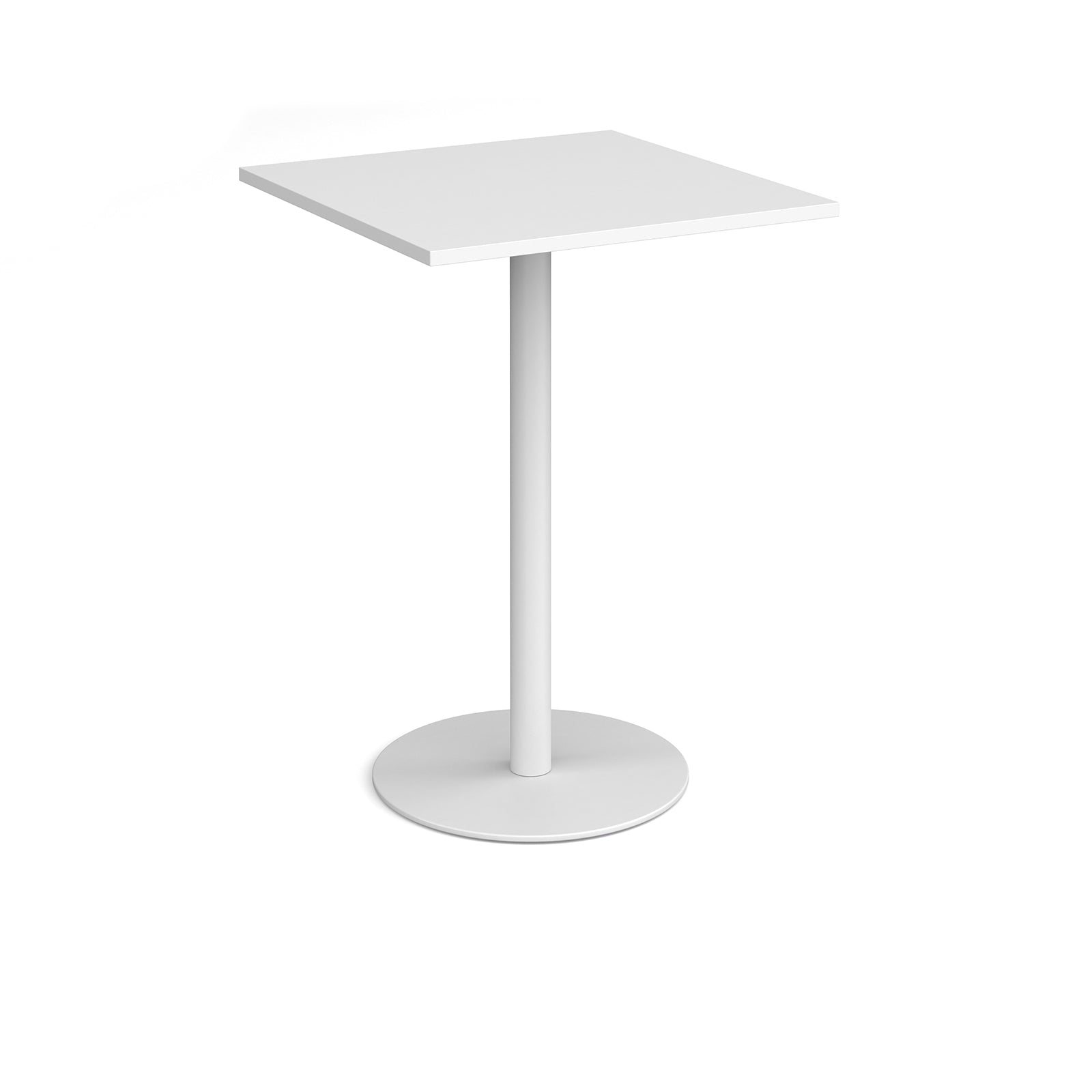 White square table with a round base on a white background