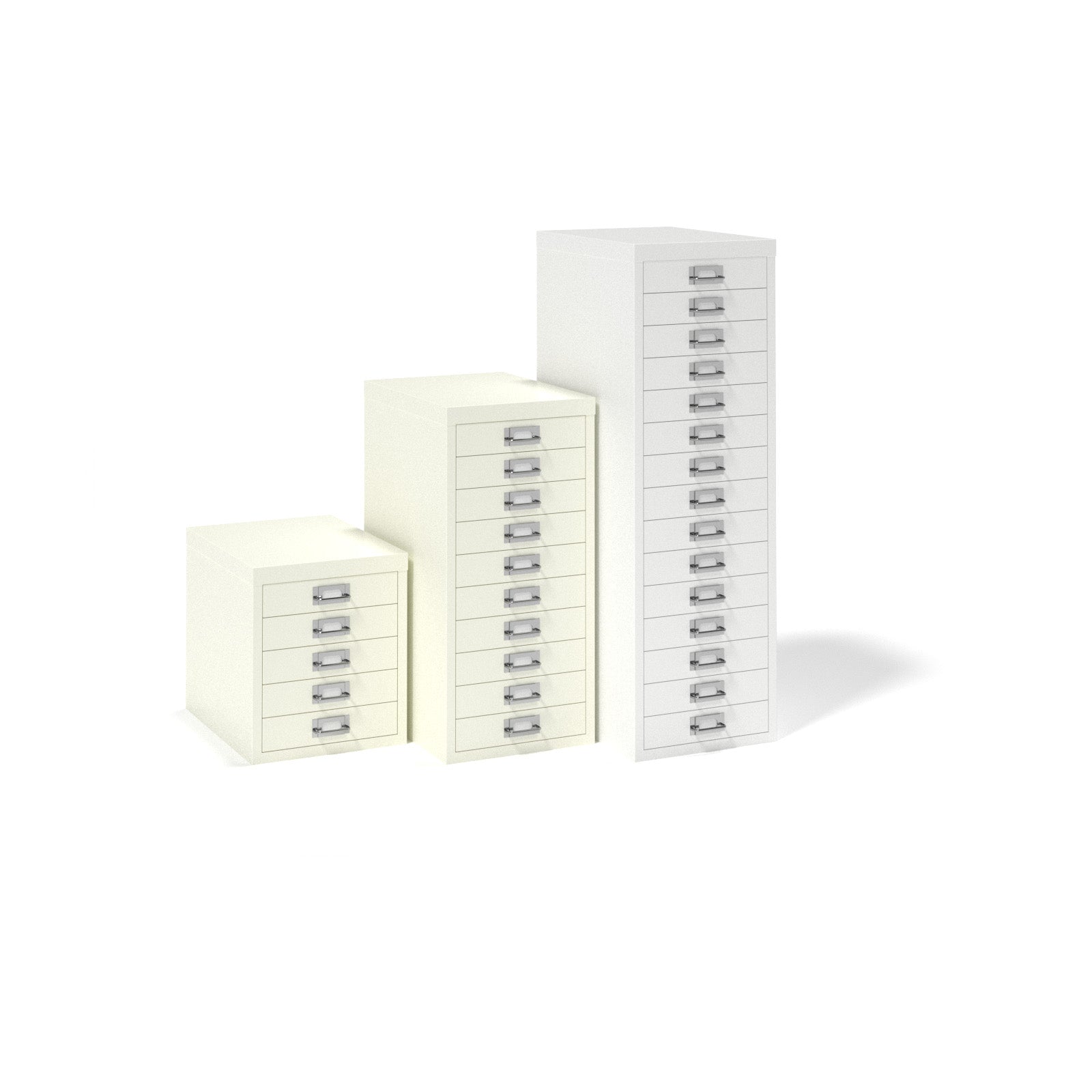 Three metal drawer storage cabinets of different heights with multiple small drawers and silver handles, shown on a white background.