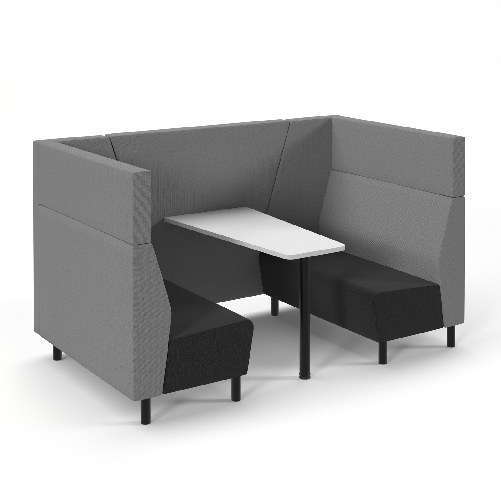 Grey and black modular seating booth with a white table on a white background