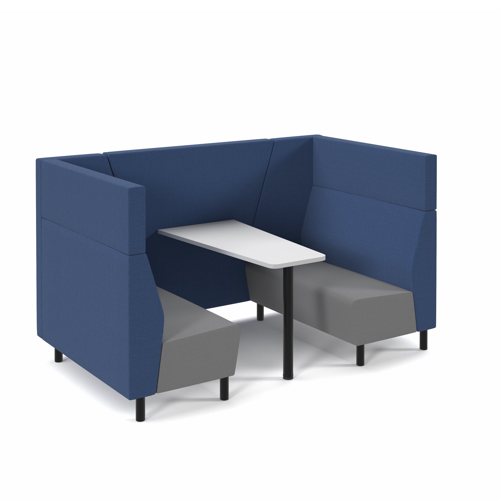 Blue and gray booth with a small table on a white background