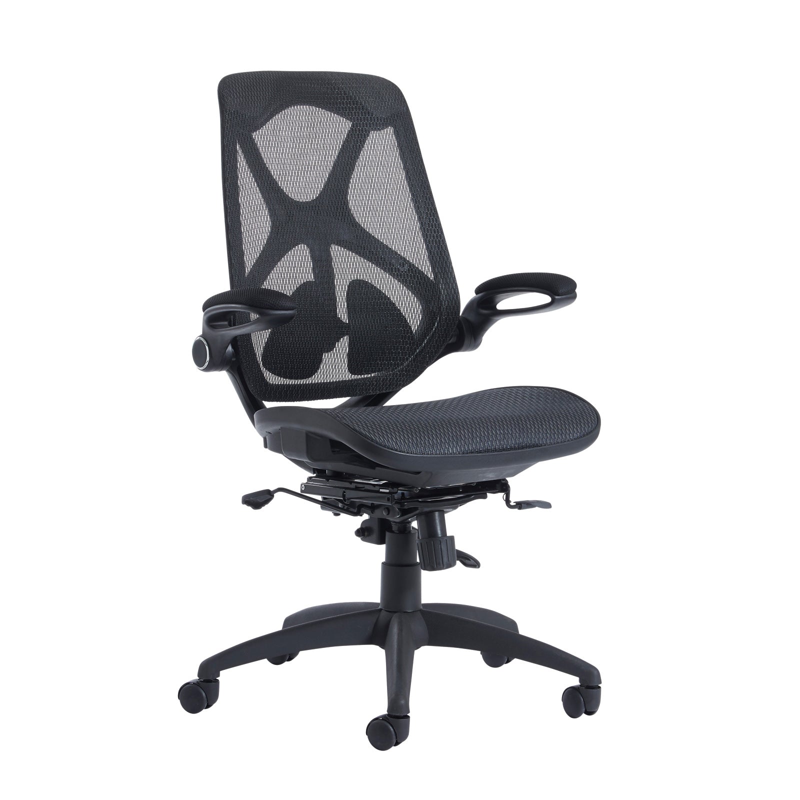 Black office chair with mesh back on a white background