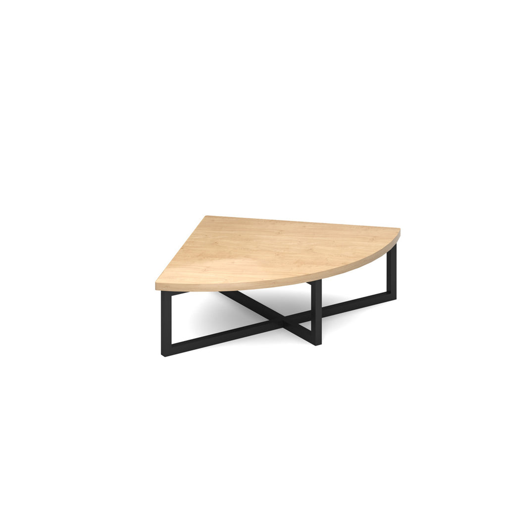 Modern coffee table with wood-effect top and black metal frame on a white background