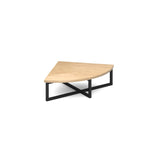 Modern coffee table with wood-effect top and black metal frame on a white background