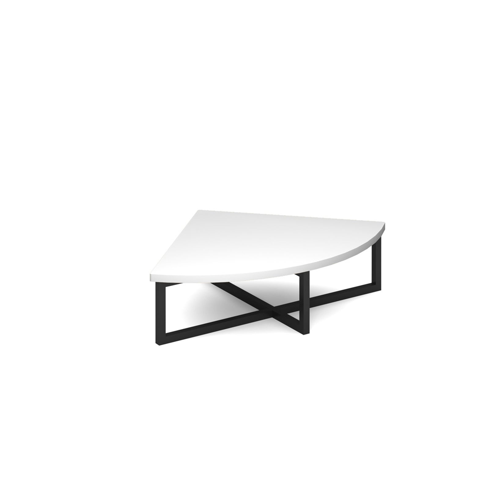 Modern coffee table with white top and black metal frame on a white background