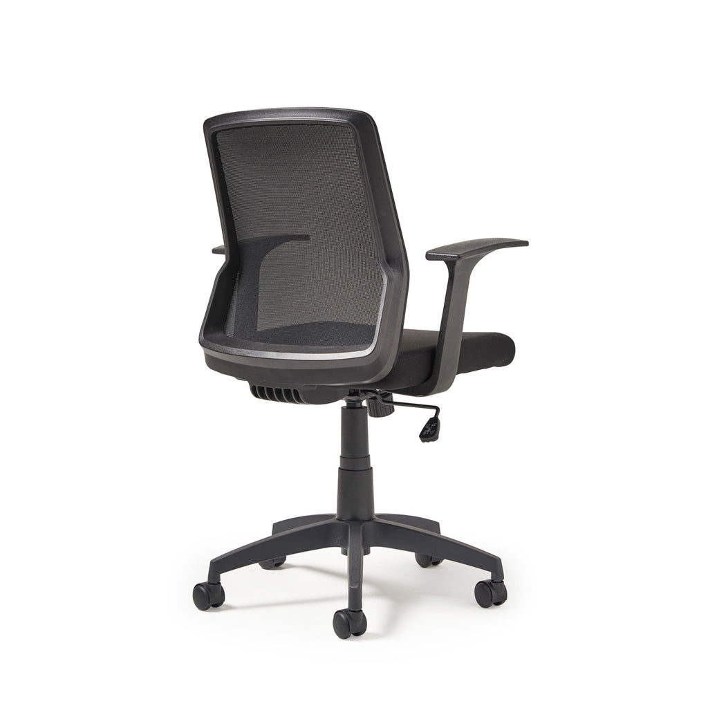 Black office chair with mesh back on a white background