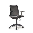 Black office chair with mesh back on a white background
