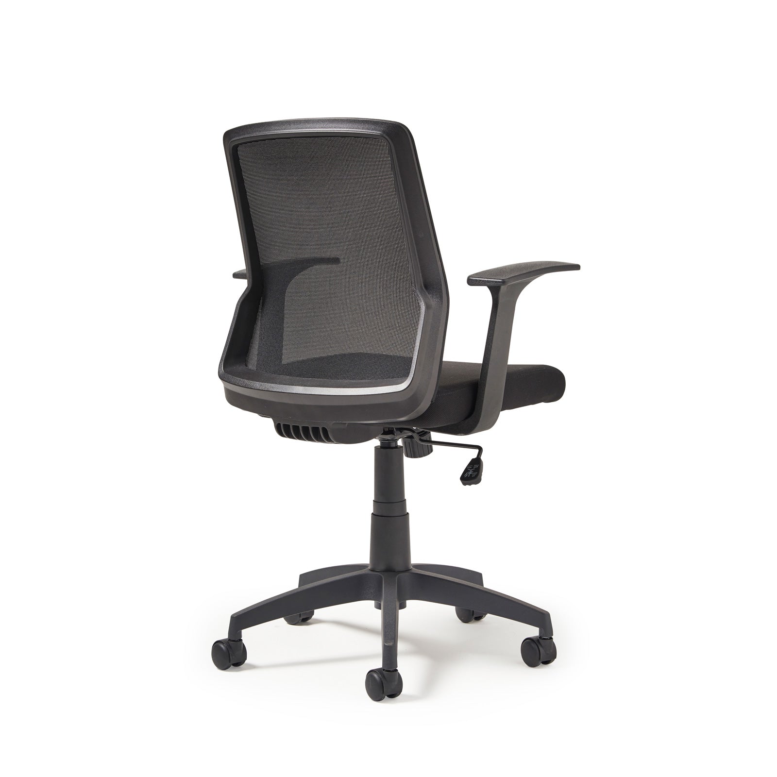 Black office chair with mesh back on a white background