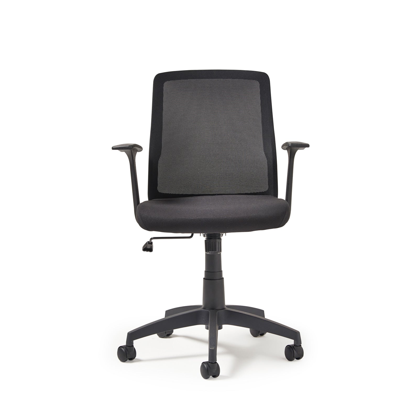 Black office chair with mesh backrest on a white background