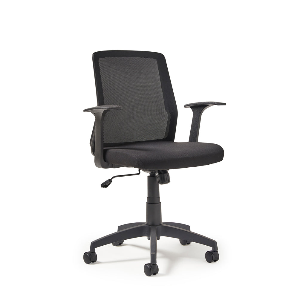 Black office chair with mesh backrest on a white background
