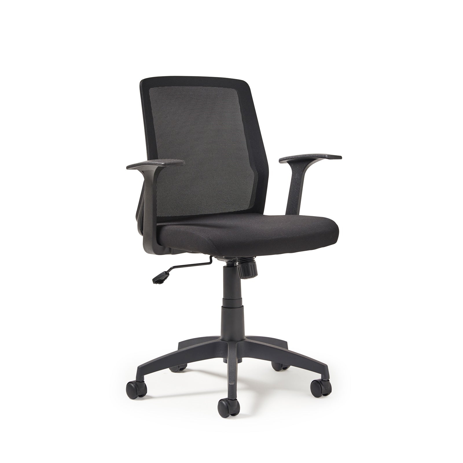 Black office chair with mesh backrest on a white background