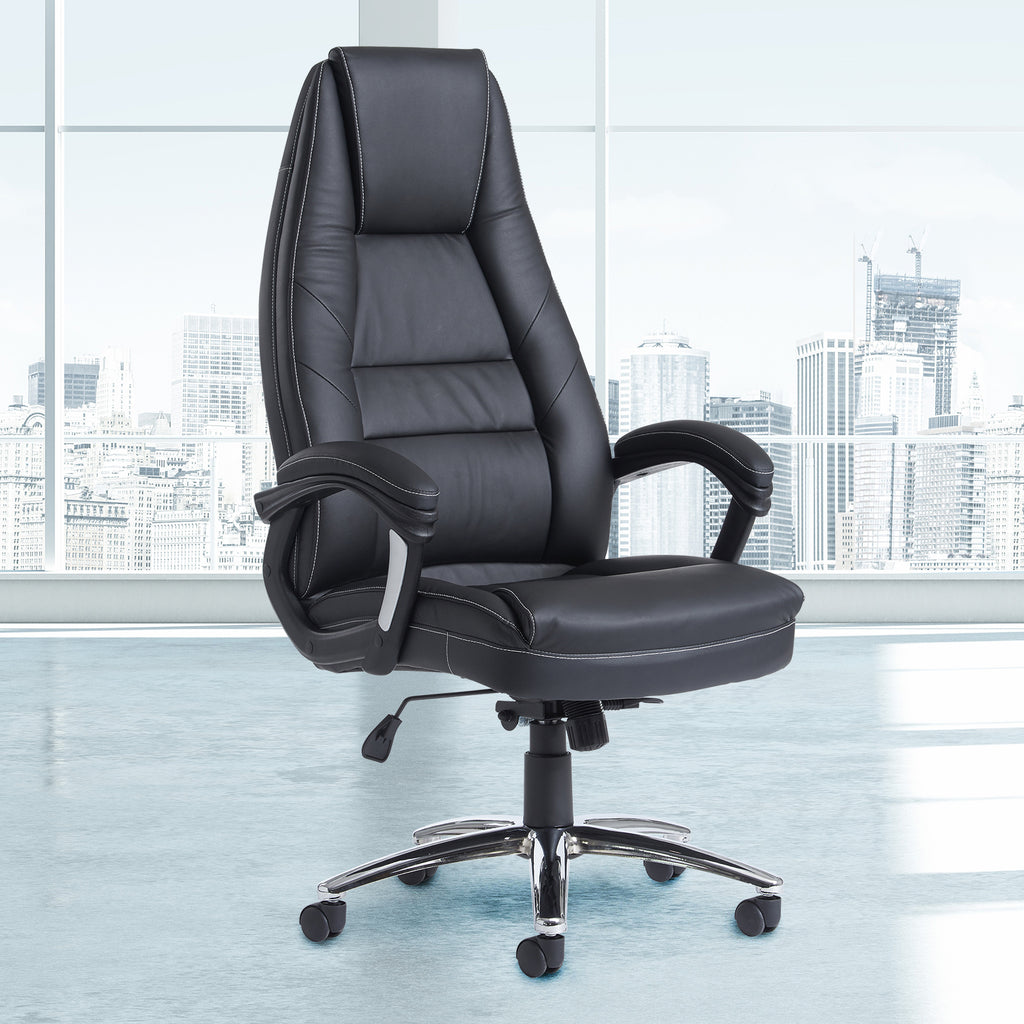 Black office chair in a modern office setting with cityscape view