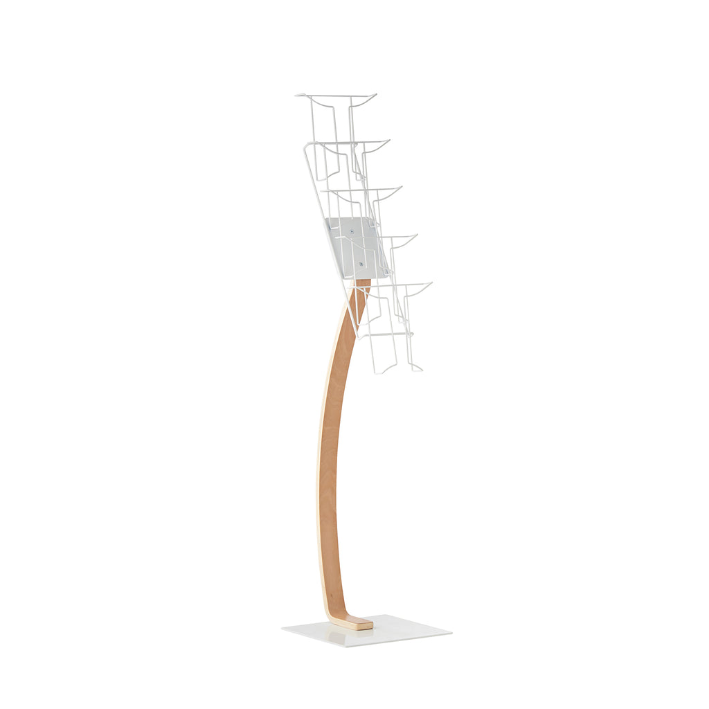 Wood-effect magazine stand with a metal wire basket on a white background