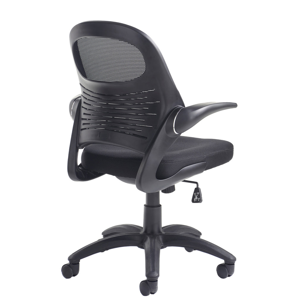 Black office chair with mesh back on a white background