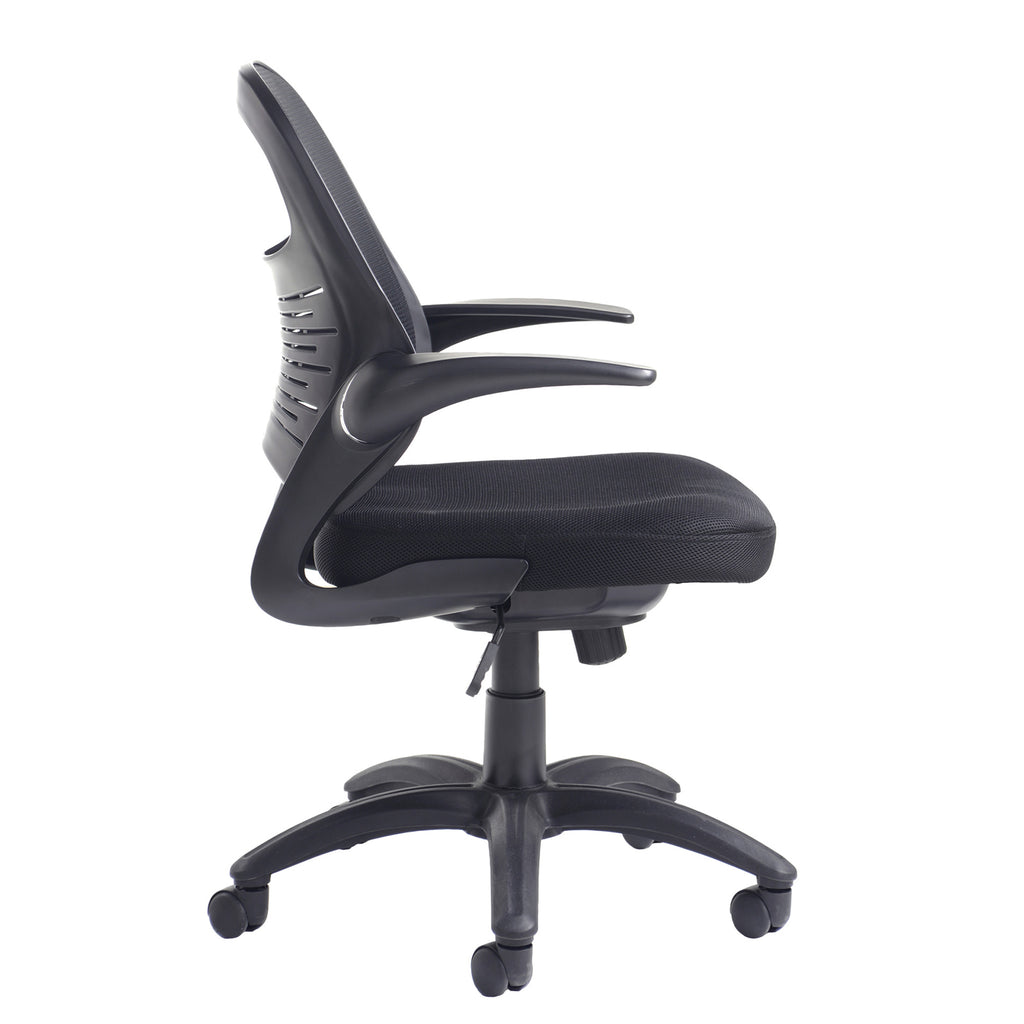 Black office chair with mesh back on a white background