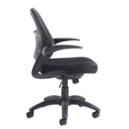 Black office chair with mesh back on a white background