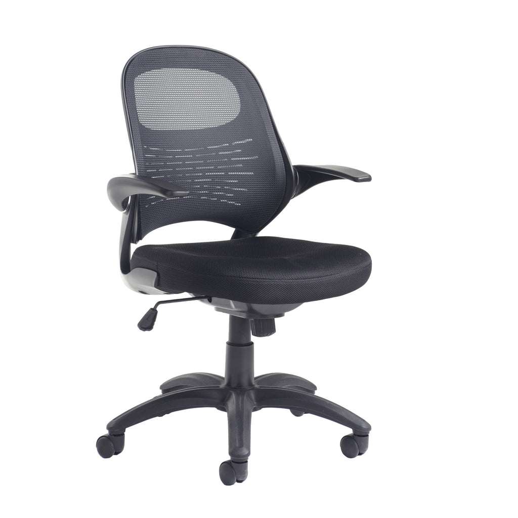 Black office chair with mesh back on a white background