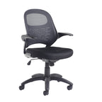 Black office chair with mesh back on a white background