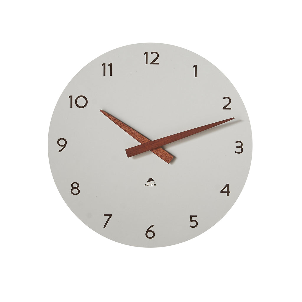 Round wall clock with wooden hands on a white background