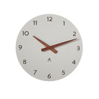 Round wall clock with wooden hands on a white background